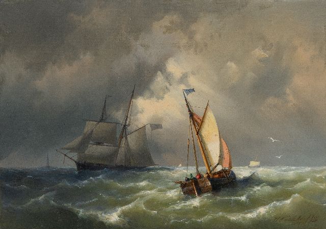 Hermanus Koekkoek jr. | Sailing ships on a choppy sea, oil on canvas, 25.3 x 35.3 cm, signed l.r. and dated 1860