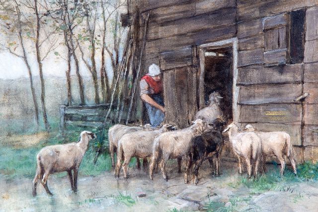 Anton Mauve | Sheep returning in their shed, watercolour on paper, 33.8 x 47.2 cm, signed l.r.