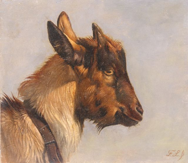 Lebret F.  | Head of a young goat, oil on paper laid down on panel 24.5 x 28.1 cm, signed l.r. with initials
