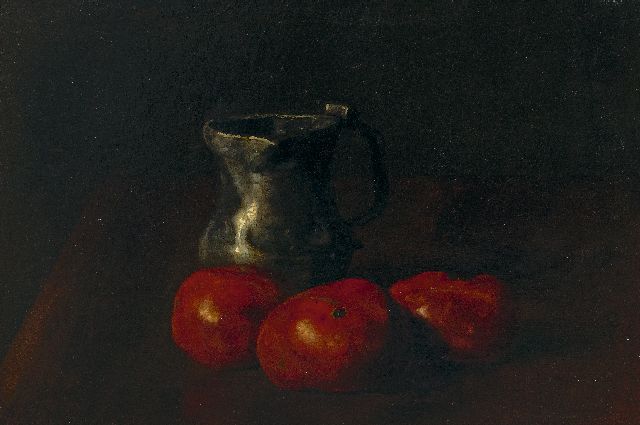 Maarten Jungmann | A still life with a pewter jug and tomatoes, oil on panel, 23.7 x 32.9 cm, signed l.l.