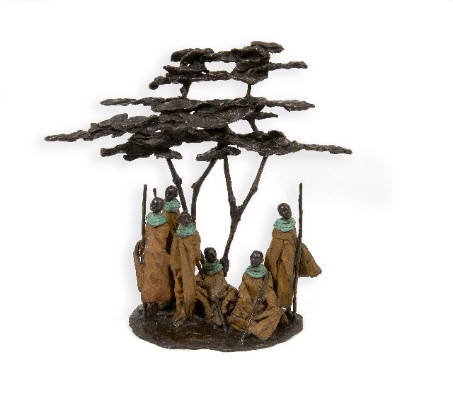 Houtkamp M.  | Masai under a Flame Tree, bronze 40.0 cm, gesigneerd op basis met monogram