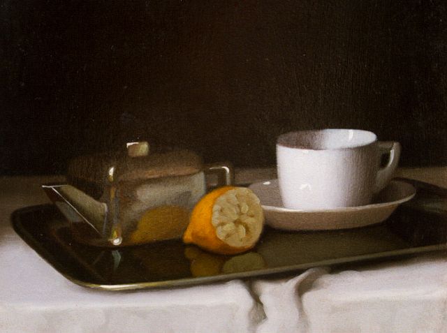 Pentelei Molnar J.  | Still life with a tea set and a lemon, oil on panel 21.8 x 26.7 cm, signed l.l.