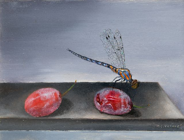 Verhoef H.  | A dragonfly and red prunes, oil on zinc 16.0 x 21.0 cm, signed l.r.