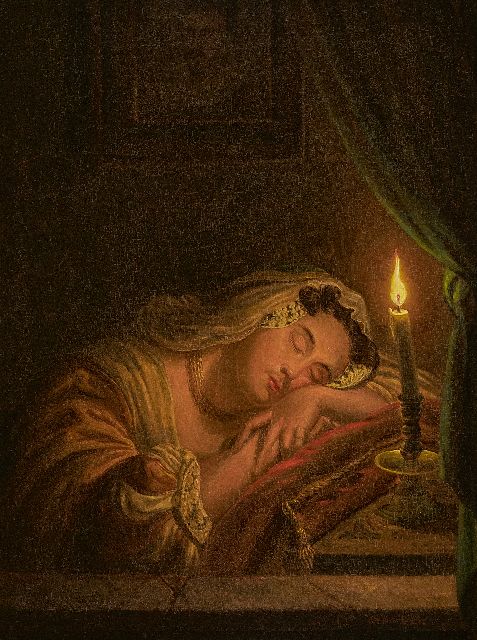 Willem Thans | Sleeping woman by candle light, oil on panel, 25.6 x 20.2 cm, signed l.r. and dated 1845
