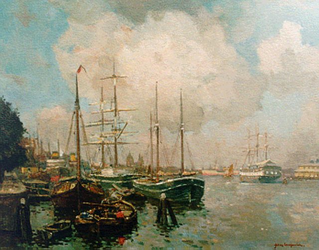 Langeveld F.A.  | The harbour of Amsterdam, oil on canvas 60.0 x 76.2 cm, signed l.r.