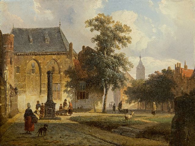 Cornelis Springer | A sunny Dutch town with figures near a water pump, oil on panel, 16.3 x 21.7 cm, signed l.r. with monogram and dated '51