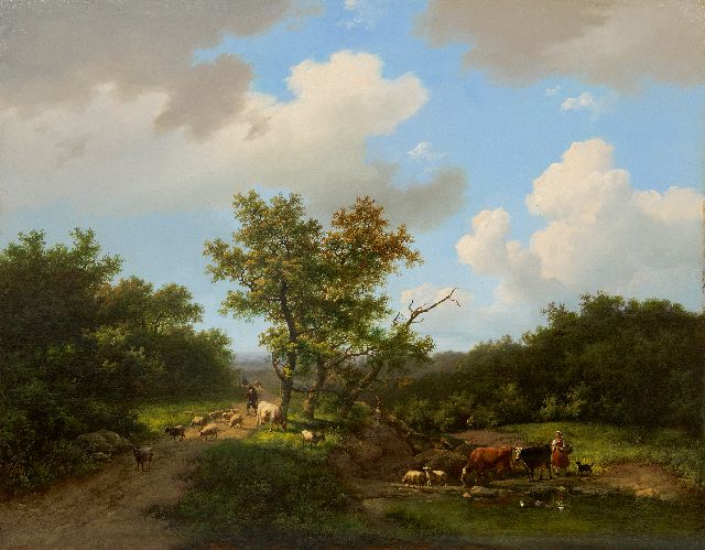 Marinus Adrianus Koekkoek I & Eugène Verboeckhoven | Livestock at a watering hole, oil on panel, 44.3 x 56.3 cm, signed l.l. 'M.A. Koekkoek' and dated 1853