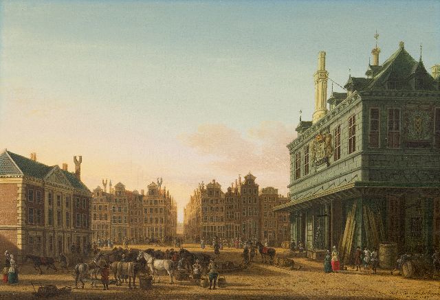 Fargue P.C. la | The Dam square in Amsterdam with the Waag and the Beurssteeg in the distance, oil on panel 31.3 x 45.8 cm, signed l.r. and dated 1780