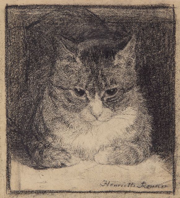 Ronner-Knip H.  | Portrait of a cat, charcoal on paper 25.2 x 23.5 cm, signed l.r.