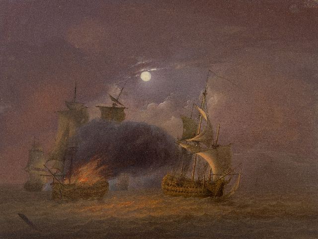 Os J. van | Sea battle at full moon, oil on panel 26.6 x 35.3 cm, signed l.l. and painted ca. 1800