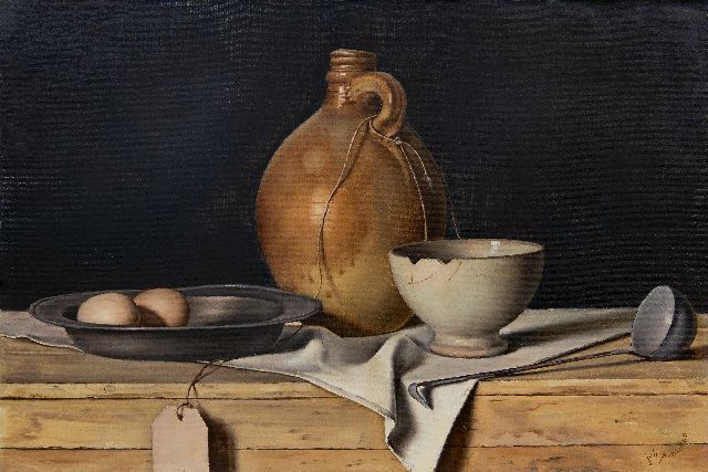 Johan Ponsioen | A still life with eggs, a white bowl and stoneware jug, oil on canvas, 40.3 x 60.3 cm, signed l.r.
