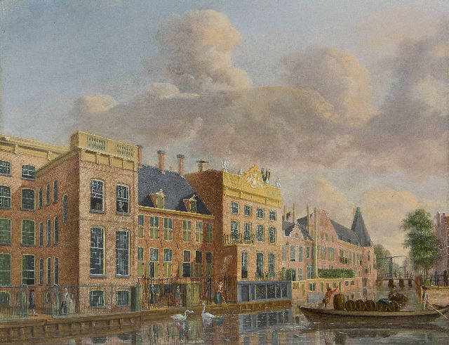 Jan ten Compe | A view of the river Amstel with houses on the Nieuwe Doelenstraat and the Kloverniersdoelen, Amsterdam, oil on panel, 32.6 x 42.6 cm, signed with initials on wall bottom right