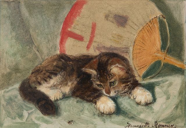 Henriette Ronner | A kitten observing a fly, oil on paper laid down on board, 21.8 x 31.2 cm, signed l.r.