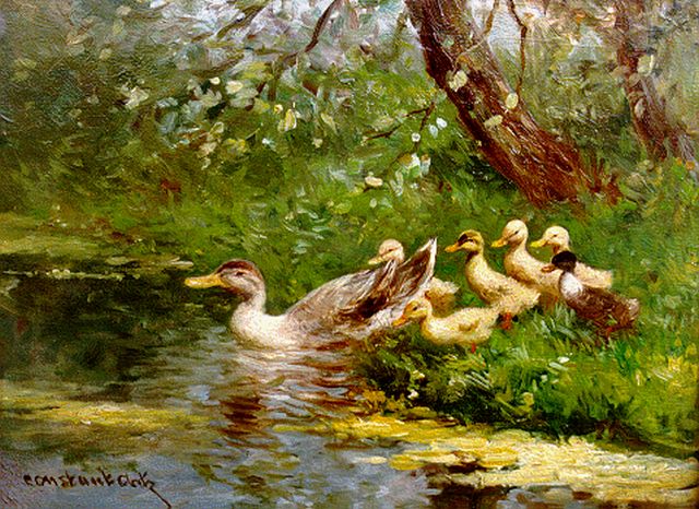 Constant Artz | Hen and ducklings watering, oil on panel, 18.0 x 24.0 cm, signed l.l.