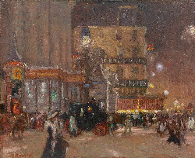 Maurits Niekerk | A night out in Brussels at the Place de la Bourse, oil on canvas laid down on panel, 55.9 x 70.0 cm, signed l.l. and painted ca. 1903-1908