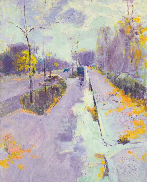 Altink J.  | Cyclist on the Herenweg in Groningen, oil on canvas 100.4 x 80.1 cm, painted end 1920's