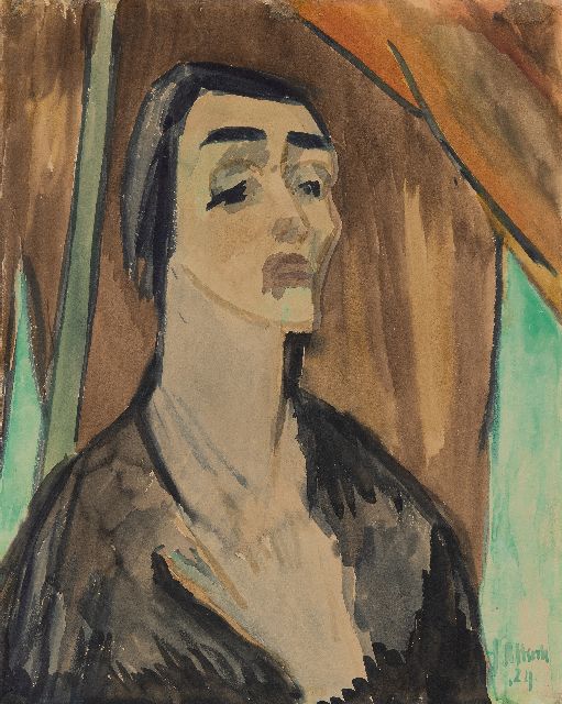 Jan Altink | A portrait of Mrs Georges Duhamel reciting a poem, ink and watercolour on paper, 54.6 x 43.3 cm, signed l.r. and dated '24