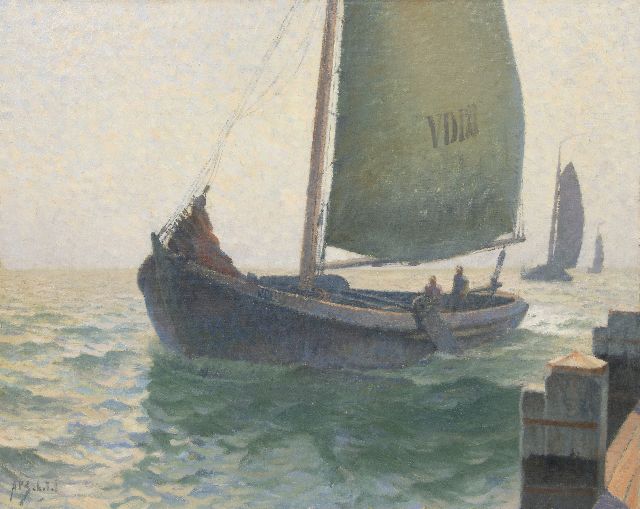 Schotel A.P.  | Fishing boat entering the harbour of Volendam, oil on canvas 80.7 x 100.4 cm, signed l.l.