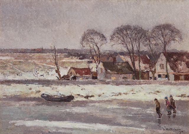 Louis Stutterheim | Children skating on a frozen waterway near Nieuwkoop, oil on canvas, 50.5 x 70.7 cm, signed l.r. and dated 1924