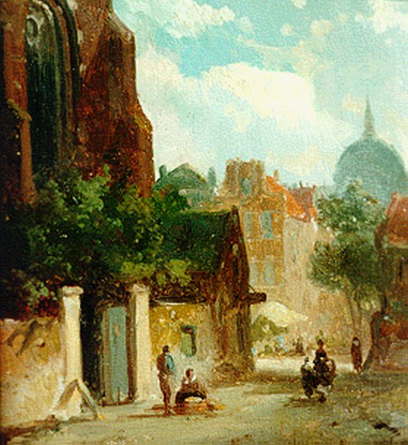 Adrianus Eversen | A sunlit street, oil on panel, 11.0 x 10.7 cm