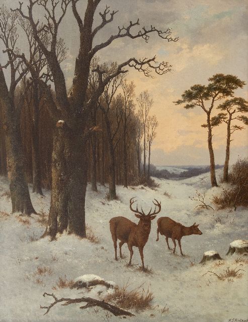 Hendrik Pieter Koekkoek | Deers in a snowy forest, oil on canvas, 91.6 x 70.8 cm, signed l.r. and painted ca. 1870