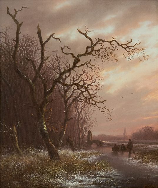 Andreas Schelfhout | A winter landscape with skaters at sunset, oil on panel, 29.5 x 24.7 cm, signed l.r. and painted ca. 1812