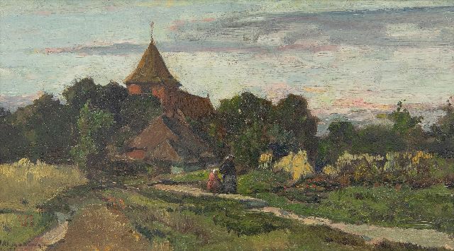 Johannes Evert Akkeringa | A mother and child on a village path, oil on panel, 17.4 x 32.5 cm, signed l.l.