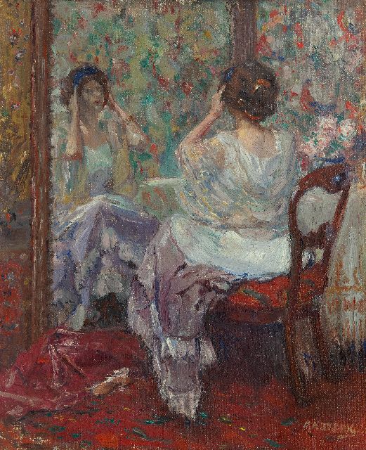 Niekerk M.J.  | Lady in front of the mirror, oil on canvas 54.3 x 44.5 cm, signed l.r.