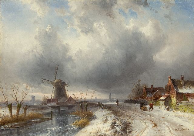 Leickert C.H.J.  | Extensive winter landscape with figures on a snowy path, oil on canvas 44.0 x 62.7 cm, signed l.r.