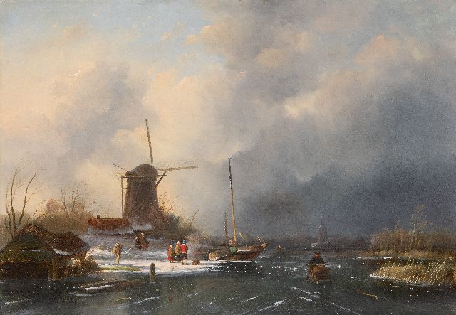 Cornelis Petrus 't Hoen | Skaters and figures on the ice, a snowstorm approaching, oil on panel, 41.3 x 58.8 cm, signed l.l. on the boathouse and dated 1854