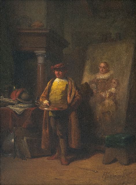 Scheeres H.J.  | Rembrandt in his studio, oil on panel 20.5 x 15.0 cm, signed l.r. and dated '57