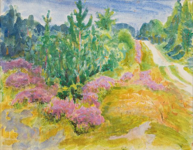 Altink J.  | Country road through pine forest and flowering heather, watercolour on paper 54.9 x 69.8 cm