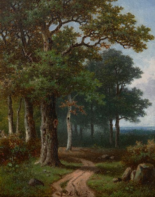 Koekkoek P.H.  | Forest path, oil on panel 16.0 x 12.8 cm, signed l.c.