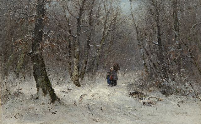 Louis Apol | Gathering wood in a snowy forest, oil on canvas, 45.8 x 70.7 cm, signed l.l. and painted 1873-1875