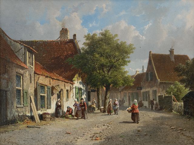 Adrianus Eversen | A sunny, busy village view, oil on panel, 33.0 x 43.9 cm, signed l.l.