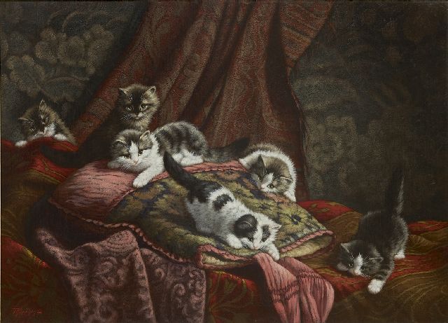 Cornelis Raaphorst | Six kittens playing in an interior, oil on canvas, 60.1 x 80.3 cm, signed l.l.