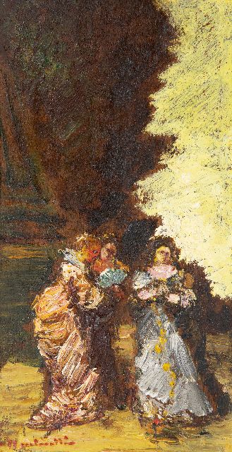 Adolphe Monticelli | Trois femmes dans un parc (Three women in a park), oil on board laid down on panel, 29.3 x 16.0 cm, signed l.l.