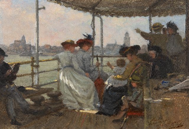 Sadée P.L.J.F.  | Daytrip on the steamship from Arnhem to the Westerbouwing, oil on canvas laid down on panel 34.6 x 50.0 cm, signed l.r. and dated 27 juli 1900