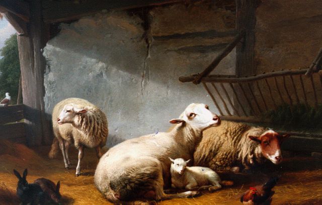 Verboeckhoven E.J.  | Sheep in a stable, oil on panel 58.6 x 81.0 cm, signed u.r. and dated 1859