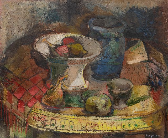 Jaap Wagemaker | A still life with vases and fruit, oil on canvas, 70.4 x 85.3 cm, signed l.r.