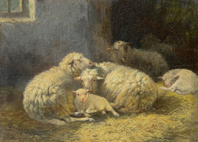 Lokhorst D. van | Sheep and lambs in a stable, oil on panel 18.0 x 24.7 cm, signed l.l. and dated 1876