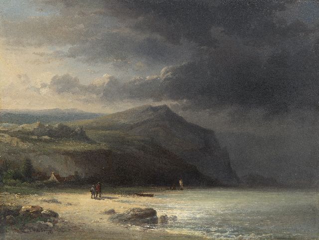 Swart C.H. de | Land folk on the beach with approaching storm, oil on panel 45.3 x 59.7 cm, signed l.l. and dated 1871