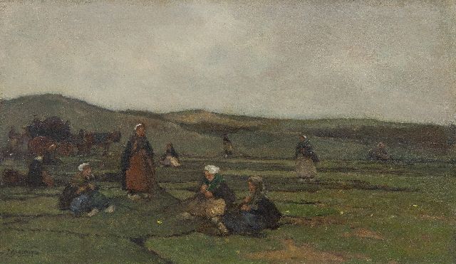 Akkeringa J.E.H.  | Mending fishing nets in the dunes, oil on canvas 29.3 x 49.3 cm, signed l.l.