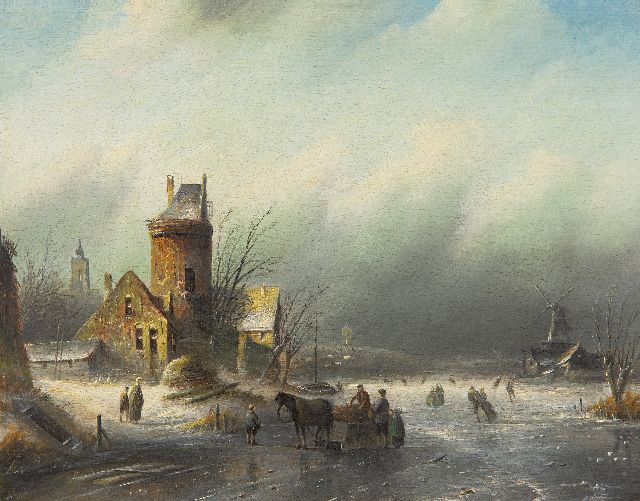Jacob Jan Coenraad Spohler | A winter landscape with skaters on a frozen river, oil on panel, 21.5 x 27.1 cm, signed l.l.