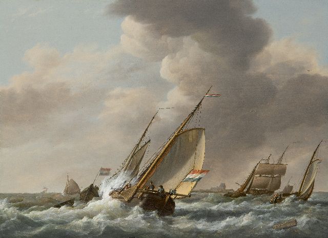 Johannes Hermanus Koekkoek | Sailing ships on rough seas, oil on panel, 35.7 x 48.3 cm, signed l.r.