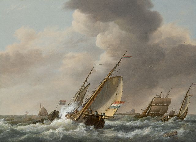 Koekkoek J.H.  | Sailing ships on rough seas, oil on panel 35.7 x 48.3 cm, signed l.r.