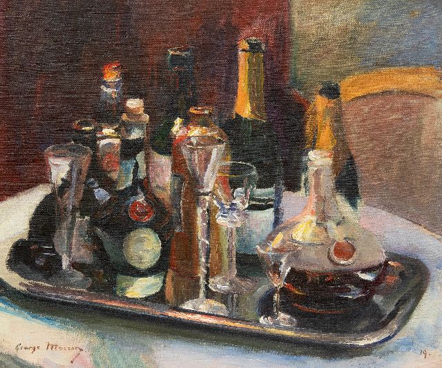 George Mosson | A still life with Dom Bénédictine liqueur, bottles and glasses, oil on canvas, 54.7 x 63.1 cm, signed l.l. and dated '19