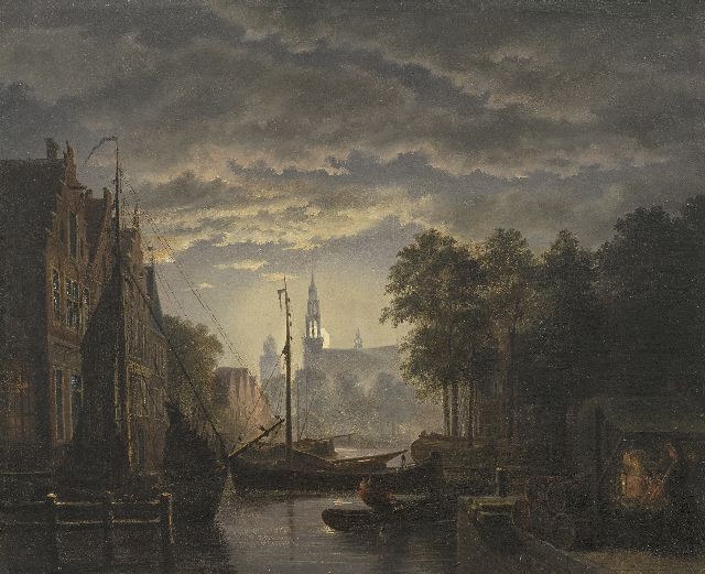Jacob Abels | A harbor in a town by moonlight, oil on canvas, 33.4 x 40.4 cm