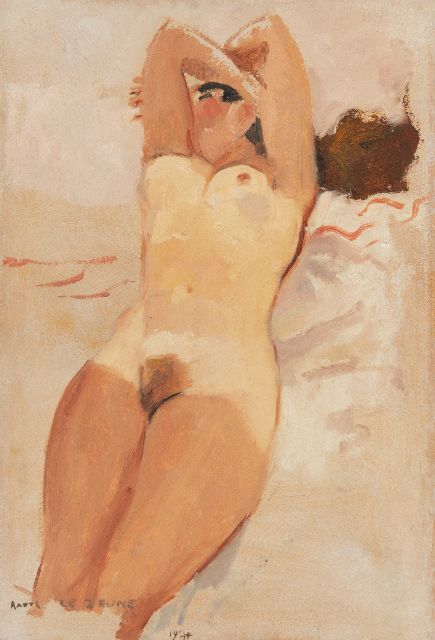 Lejeune R.  | Sunbathing nude, oil on canvas laid down on panel 50.5 x 34.2 cm, signed l.l. and dated 1934