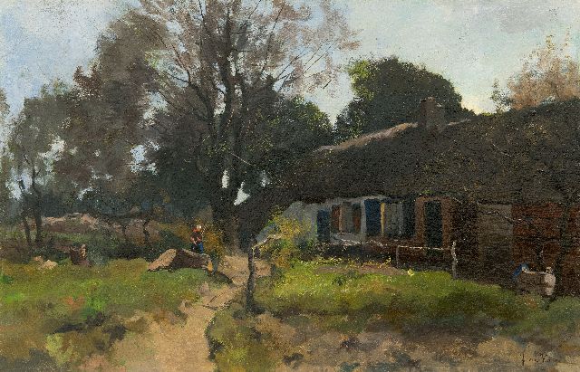 Jan van Vuuren | A farmer's wife at work on a farmyard, oil on panel, 36.9 x 56.6 cm, signed l.r.